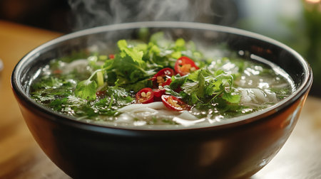 Vietnamese soup with rice noodles and vegetables in a bowl.の写真素材