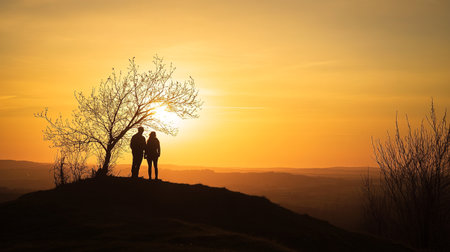 Silhouette of a loving couple standing on top of a hill and looking at the sunsetの写真素材