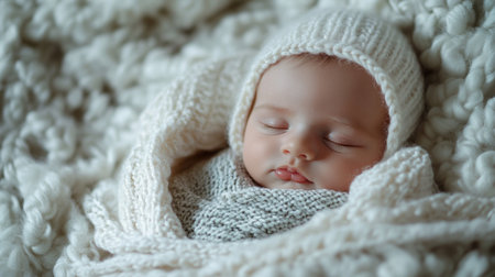 Cute newborn baby boy sleeping on white knitted plaid.の写真素材