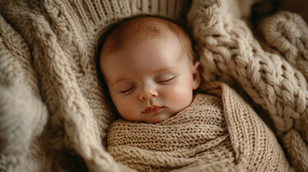 Cute newborn baby sleeping in a warm knitted plaid.の写真素材