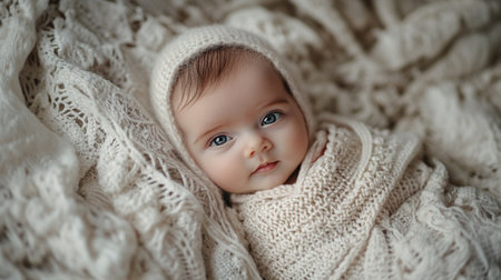 Cute newborn baby boy with blue eyes in white knitted sweaterの写真素材