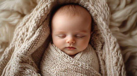Cute newborn baby wrapped in warm knitted blanket, top viewの写真素材