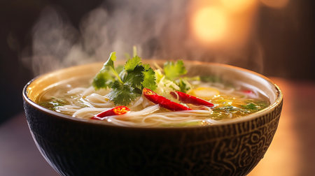 Vietnamese noodle soup with chili pepper and corianderの写真素材