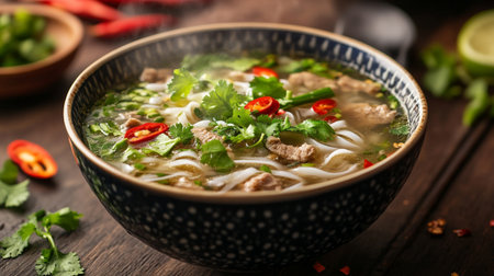 Vietnamese noodle soup with pork, cilantro and chili