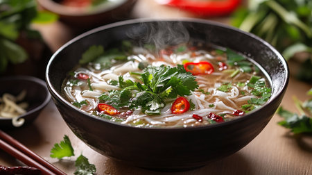 Bowl of noodle soup with chili pepper and coriander