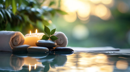 Spa still life with towels, candles and zen stones on green background