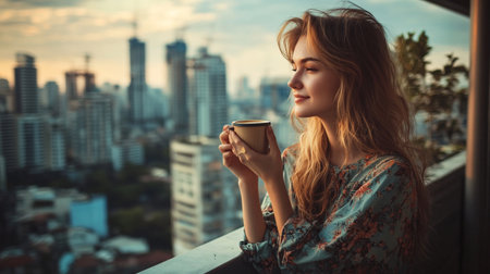 Beautiful girl with cup of coffee on the balcony in the morningの写真素材