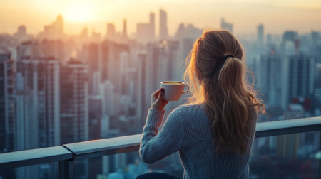 Young woman with cup of coffee looking at the city at sunset.の写真素材