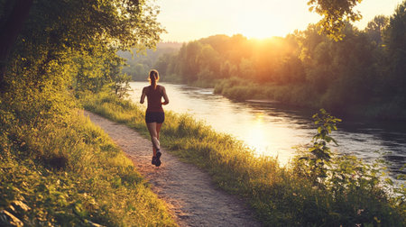 Young woman jogging along the shore of a river at sunset.の写真素材