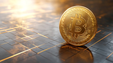 Golden bitcoin on a dark background. Cryptocurrency concept. 3D Rendering