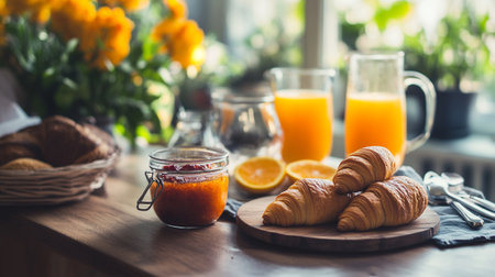 Breakfast with coffee, croissants and orange juice on tableの写真素材