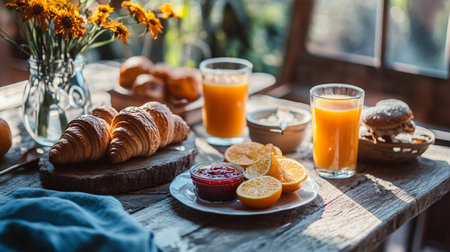Breakfast with orange juice and croissants on wooden tableの写真素材