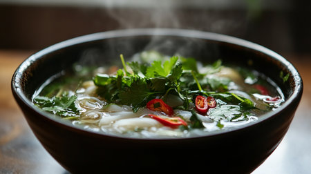 Bowl of rice noodle soup with chili pepper and parsley