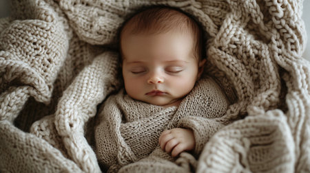 Cute newborn baby sleeping in knitted blanket, closeup viewの写真素材