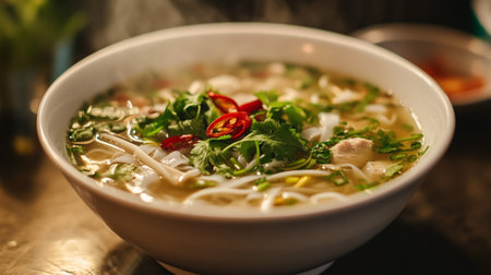 Vietnamese noodle soup in a bowl on a wooden tableの写真素材