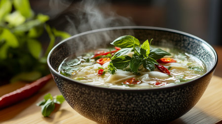 Thai spicy soup with coconut milk and herbs in bowl on wooden table