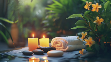 Spa and wellness setting with candles, stones, towel and flowersの写真素材