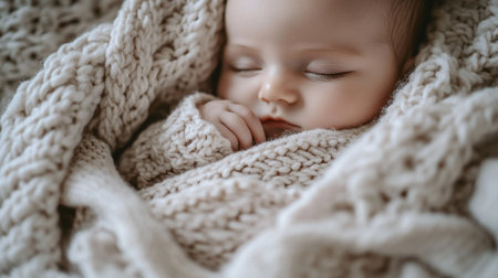 Cute newborn baby sleeping on a soft knitted blanket, close-upの写真素材