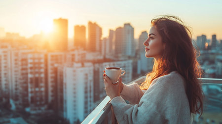 Beautiful young woman with cup of coffee on balcony at sunset.の写真素材