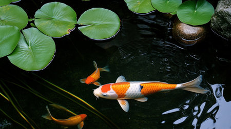 Koi fish in a pond with water lily leafs.の写真素材
