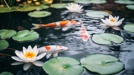 Koi fish and lotus flower in the pond, Thailand.の写真素材