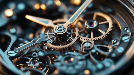 Mechanical watch mechanism with gears and cogwheels, closeup