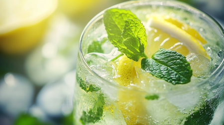 Refreshing mojito cocktail with lemon, mint and iceの写真素材