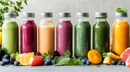 Healthy colorful smoothies in bottles with fresh fruits and berries, selective focusの写真素材
