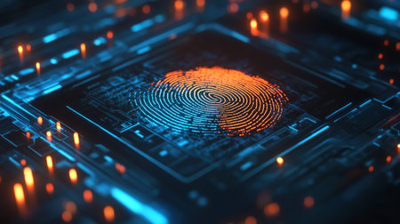 Fingerprint scan provides security access with biometrics identification. 3d rendering