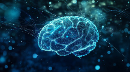 Human brain with glowing dots and lines on dark background. 3D rendering