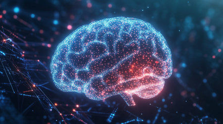 3D illustration of a human brain with glowing dots and lines.