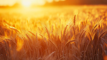 Wheat field. Ears of golden wheat close up. Beautiful Nature Sunset Landscape.