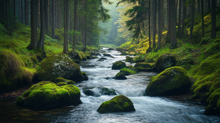 Mossy rocks in the forest. Beautiful landscape with a mountain river