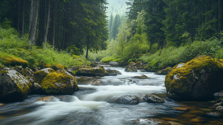 Mountain river flowing through the forest. Beautiful summer landscape in the mountains.の写真素材