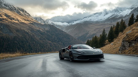 Black sport car on the road in the mountains. 3d rendering
