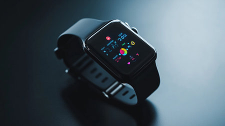 Smart watch with fitness app on the screen on dark background. Closeupの写真素材