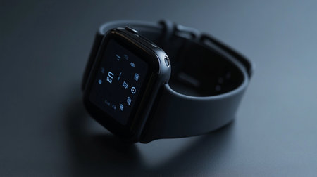 Black smart watch on a black background, close-up view.の写真素材