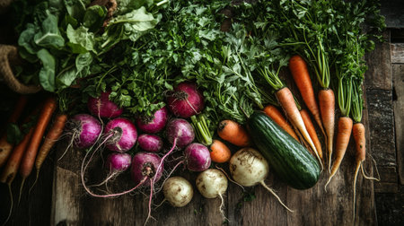 Variety of fresh organic vegetables on rustic wooden background, top viewの写真素材