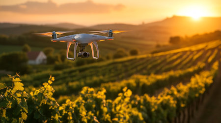 Drone with digital camera flying over vineyards in sunset light.