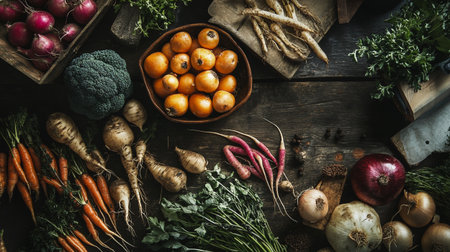 Vegetables on rustic wooden background, top view, copy spaceの写真素材