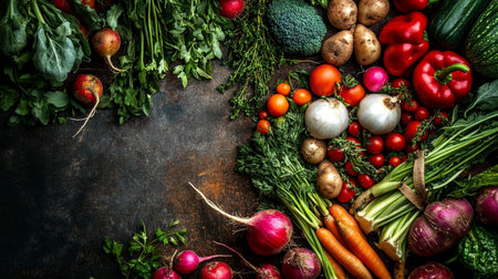 Variety of fresh organic vegetables on rustic background. Top view