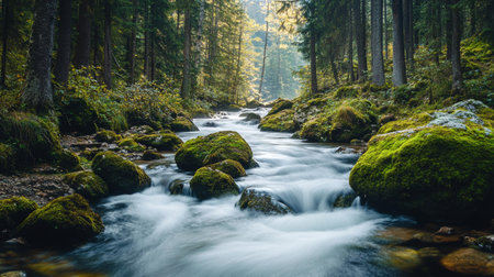 Long exposure of a stream flowing through a coniferous forest.の写真素材