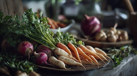 Fresh organic vegetables on rustic wooden table. Healthy vegetarian food.