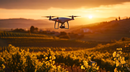 Drone with digital camera flying over vineyards in Lavaux region, Switzerlandの写真素材