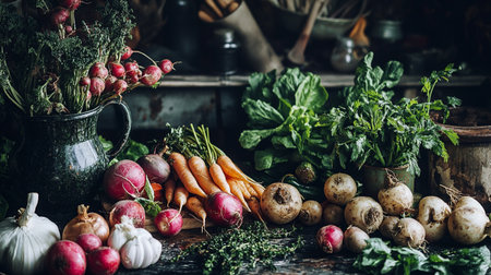 Fresh organic vegetables on rustic kitchen table. Rustic style.の写真素材