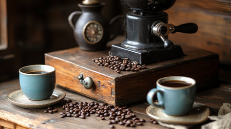 Coffee beans and vintage coffee grinder on a wooden tableの写真素材