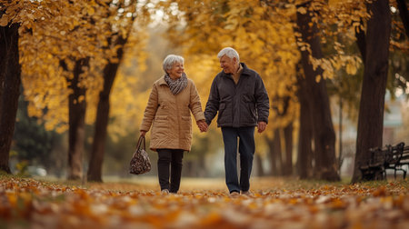 Happy senior couple walking in autumn park. Elderly people concept.