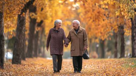 Elderly couple walking in autumn park. Happy senior couple walking in autumn park.