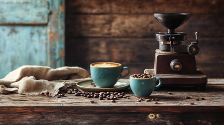 Coffee cup and coffee grinder on a wooden table.