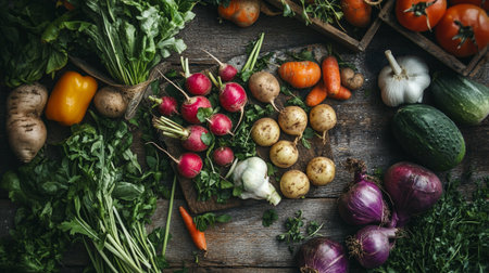 Variety of fresh vegetables on rustic wooden table, top viewの写真素材